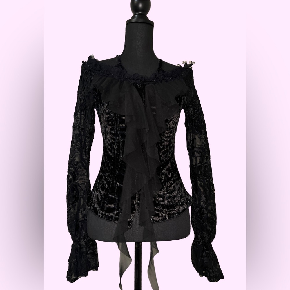DEVIL FASHION Gothic Vampire Velvet Lace Long Sleeves  Button Up Blouse